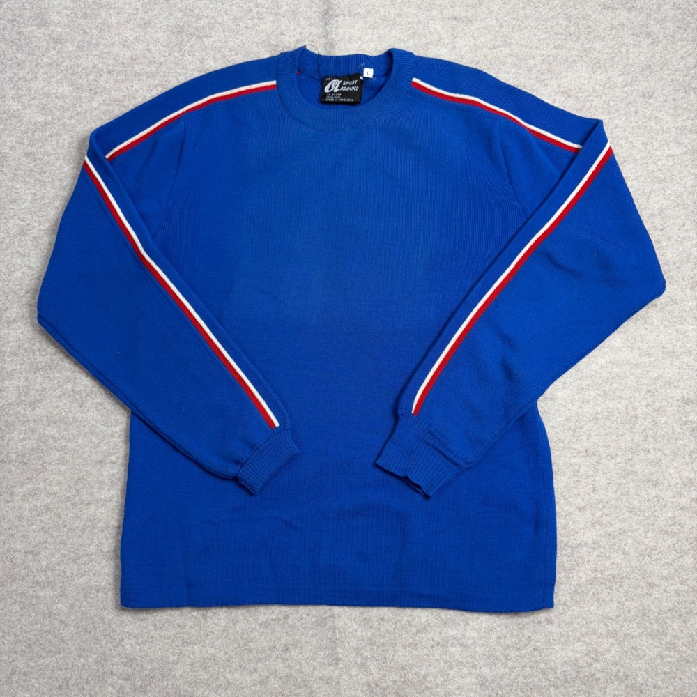 Vintage Sport Around Blue 100% Wool Racing Stripe Sweater Mens Large Hong Kong